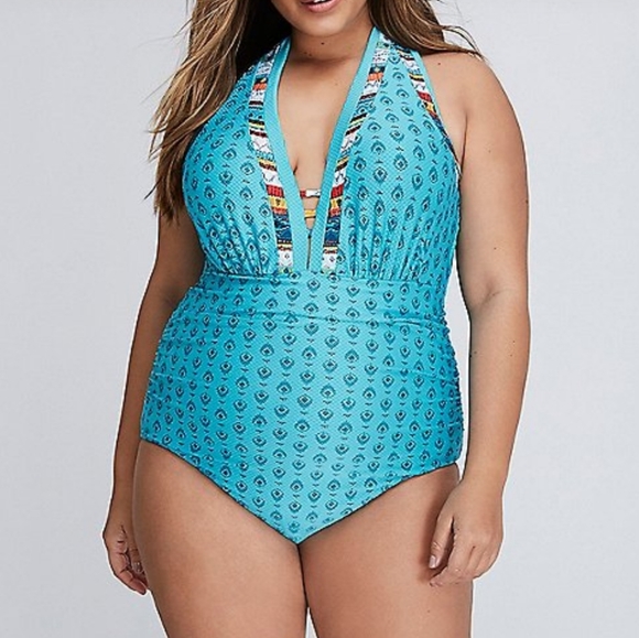 Plus Bra Size 38DDD Lane Bryant Plunging Neckline One Piece Swimsuit Swim New - Picture 1 of 6